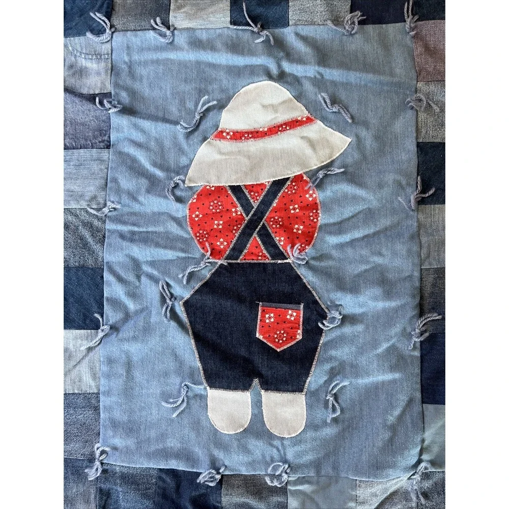 Vintage Denim Patchwork Crib Quilt with Bandana Print Back Americana Decor